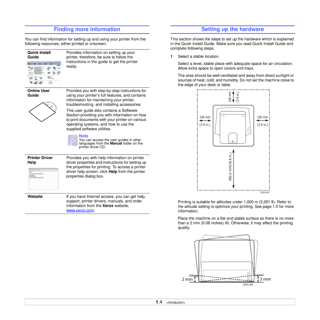 Xerox 3250 manual Finding more information, Setting up the hardware 