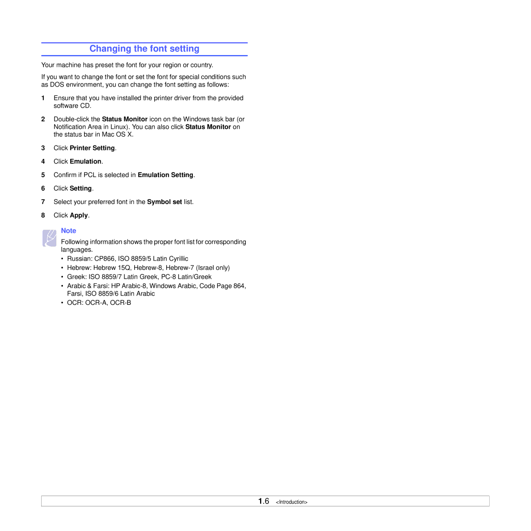 Xerox 3250 manual Changing the font setting, Click Printer Setting Click Emulation 