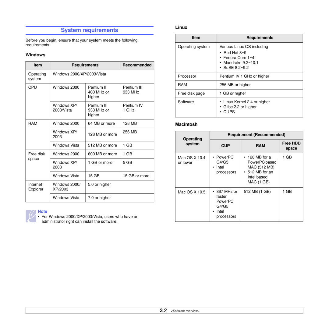 Xerox 3250 manual System requirements, Windows, Linux, Macintosh 