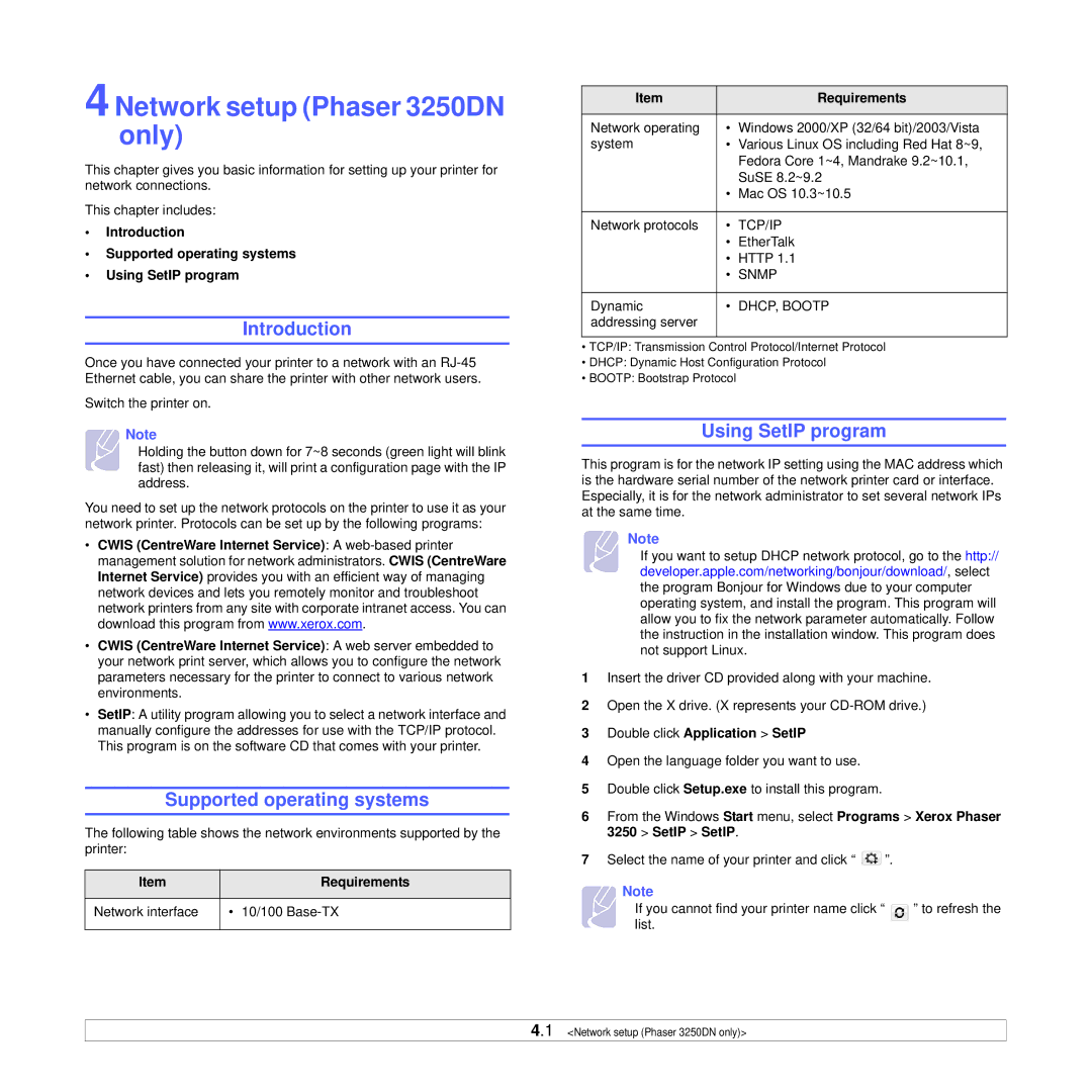 Xerox manual 4Network setup Phaser 3250DN only, Supported operating systems, Using SetIP program 