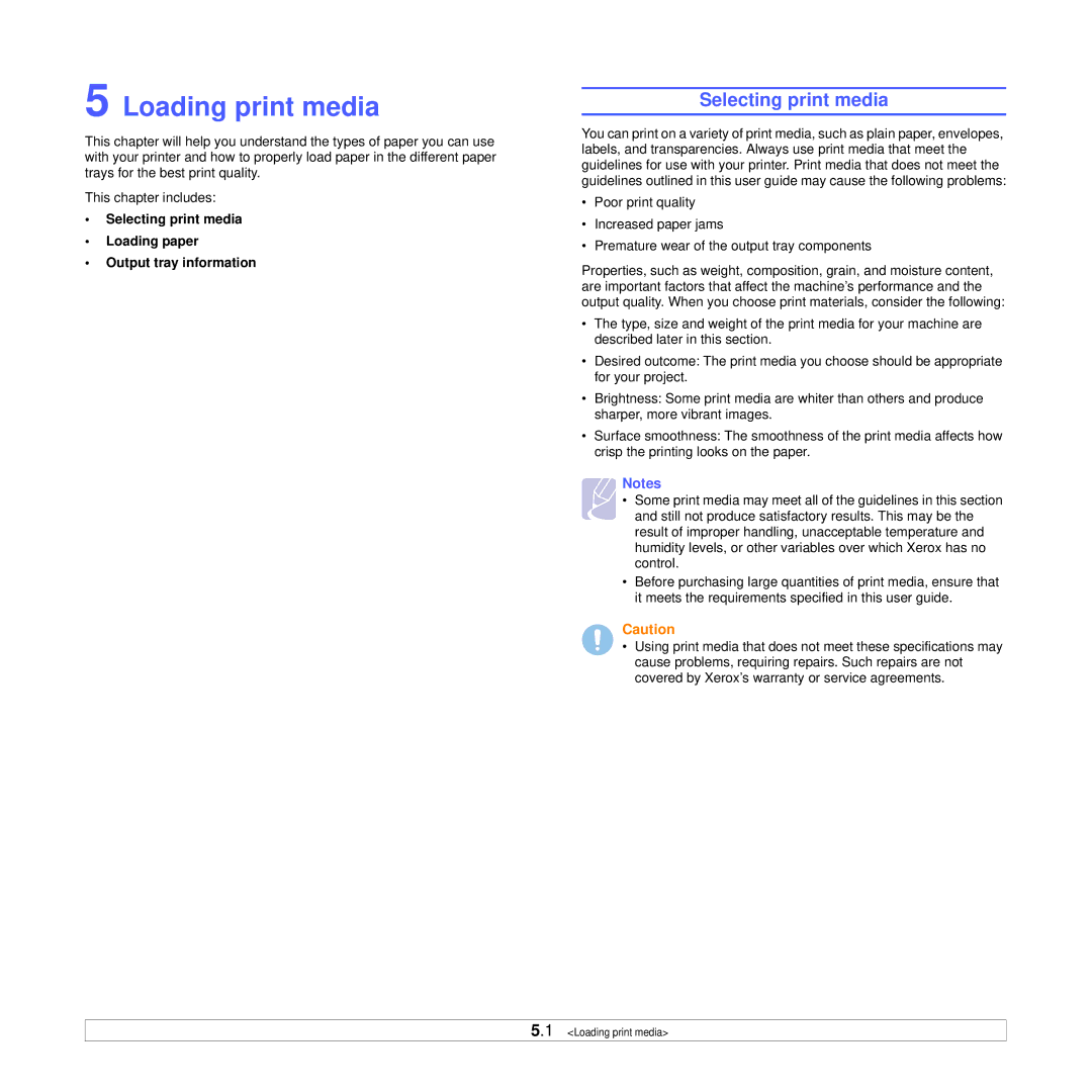 Xerox 3250 manual Loading print media, Selecting print media Loading paper Output tray information 