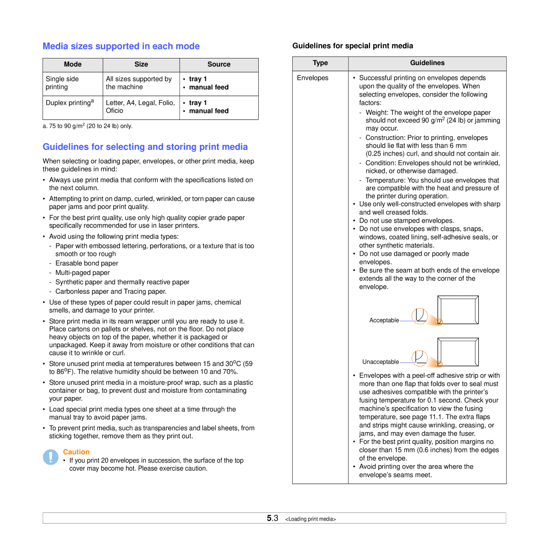 Xerox 3250 manual Media sizes supported in each mode, Guidelines for selecting and storing print media, Type Guidelines 