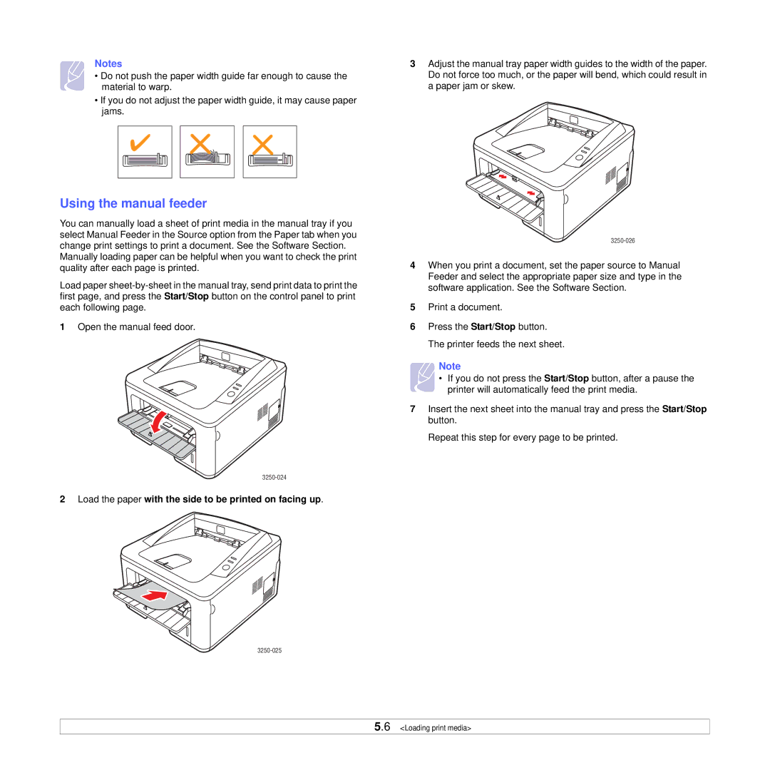 Xerox 3250 Using the manual feeder, Load the paper with the side to be printed on facing up 