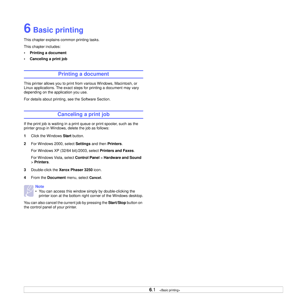 Xerox 3250 manual Basic printing, Printing a document Canceling a print job 