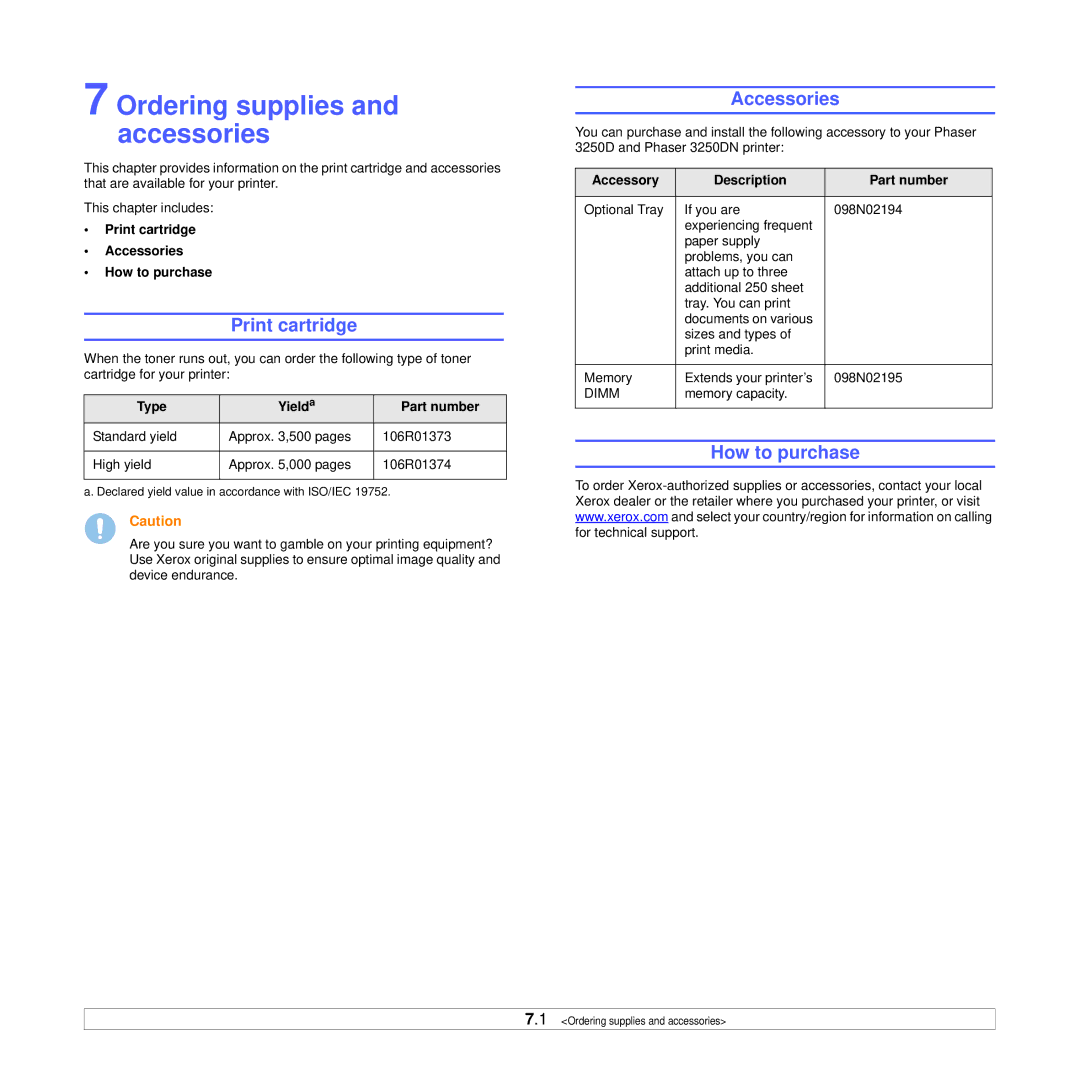 Xerox 3250 manual Ordering supplies and accessories, Print cartridge, Accessories, How to purchase 