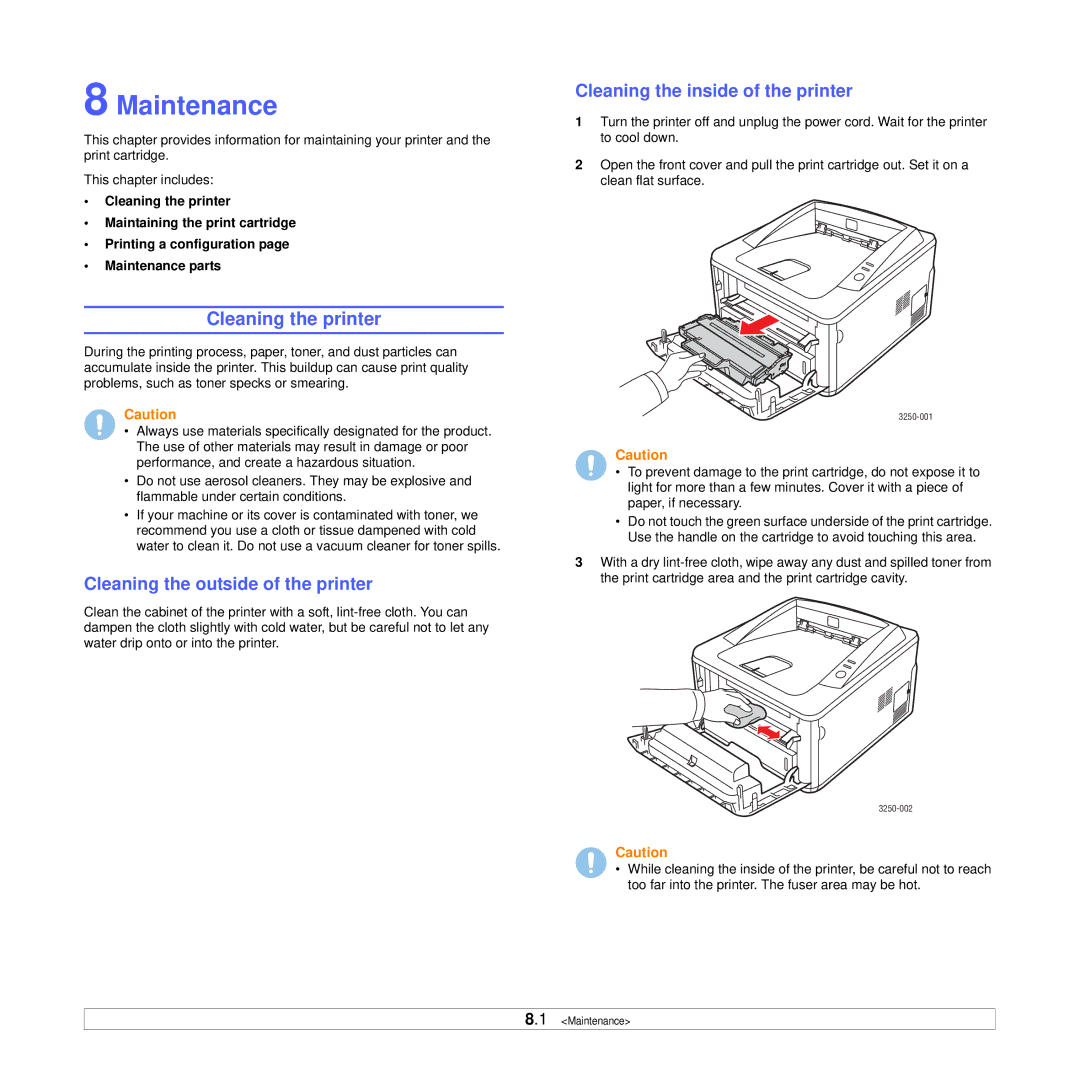 Xerox 3250 Maintenance, Cleaning the printer, Cleaning the outside of the printer, Cleaning the inside of the printer 