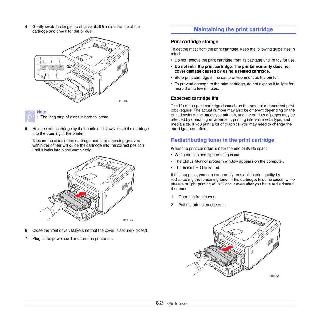 Xerox 3250 manual Maintaining the print cartridge, Redistributing toner in the print cartridge, Print cartridge storage 