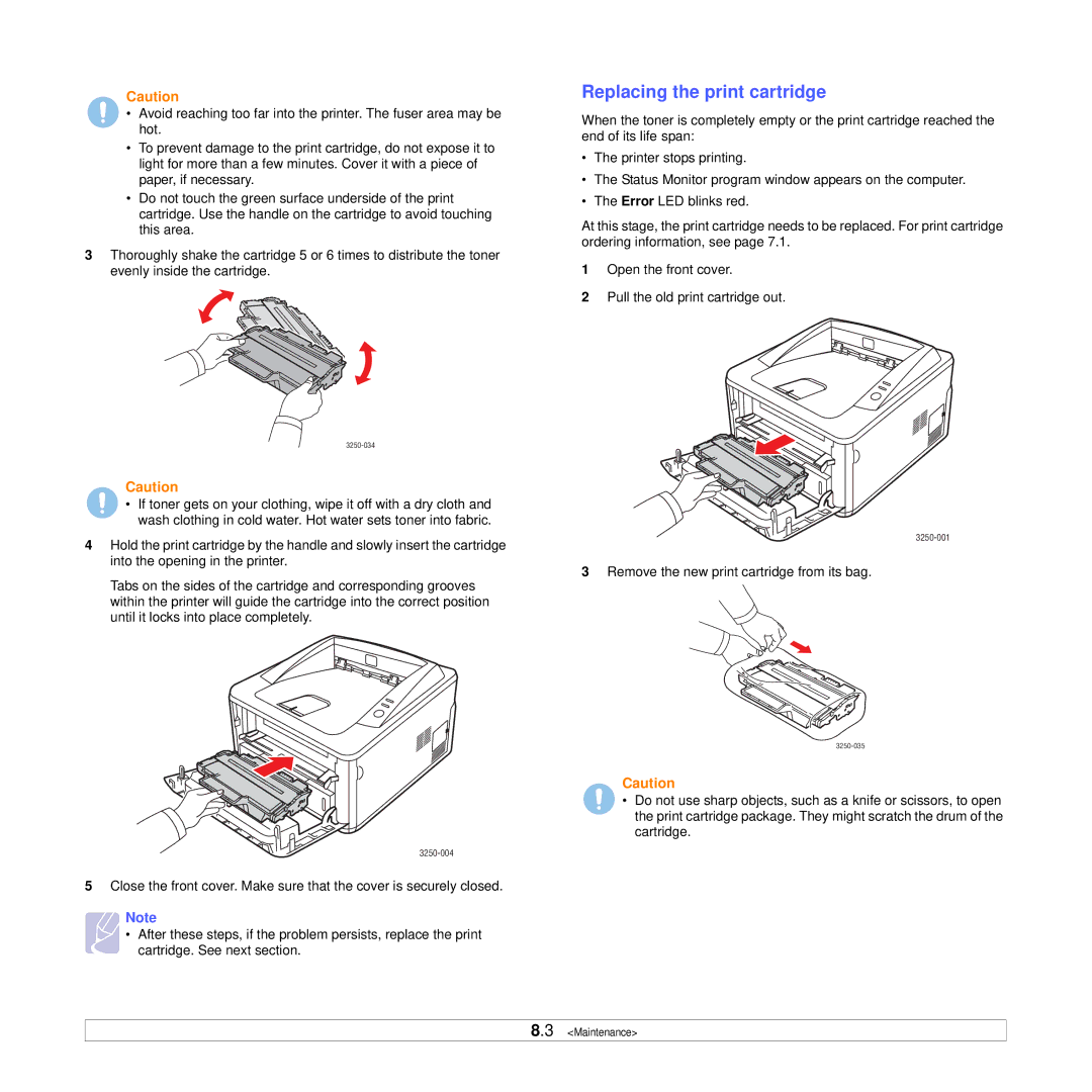 Xerox 3250 manual Replacing the print cartridge 