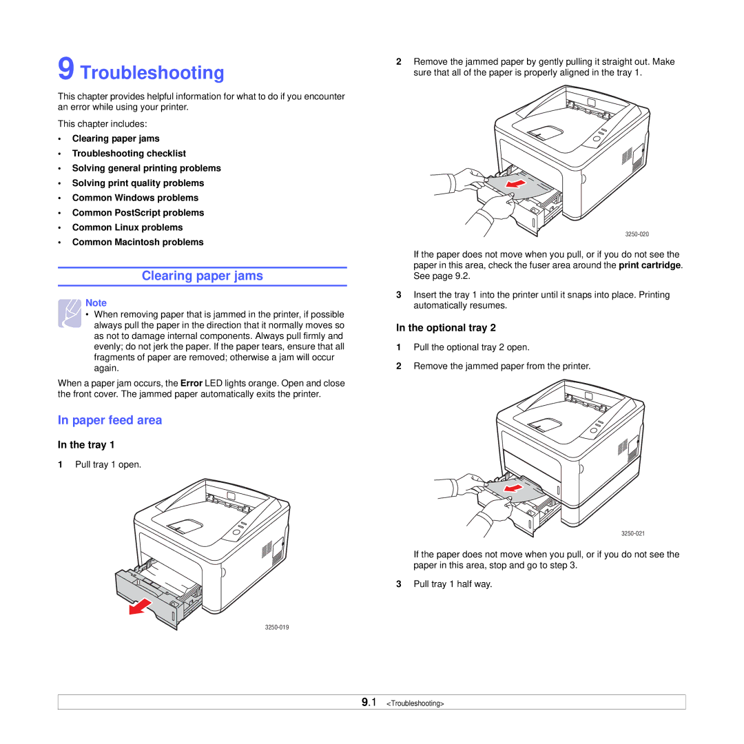 Xerox 3250 manual Troubleshooting, Clearing paper jams, Paper feed area, Tray, Optional tray 