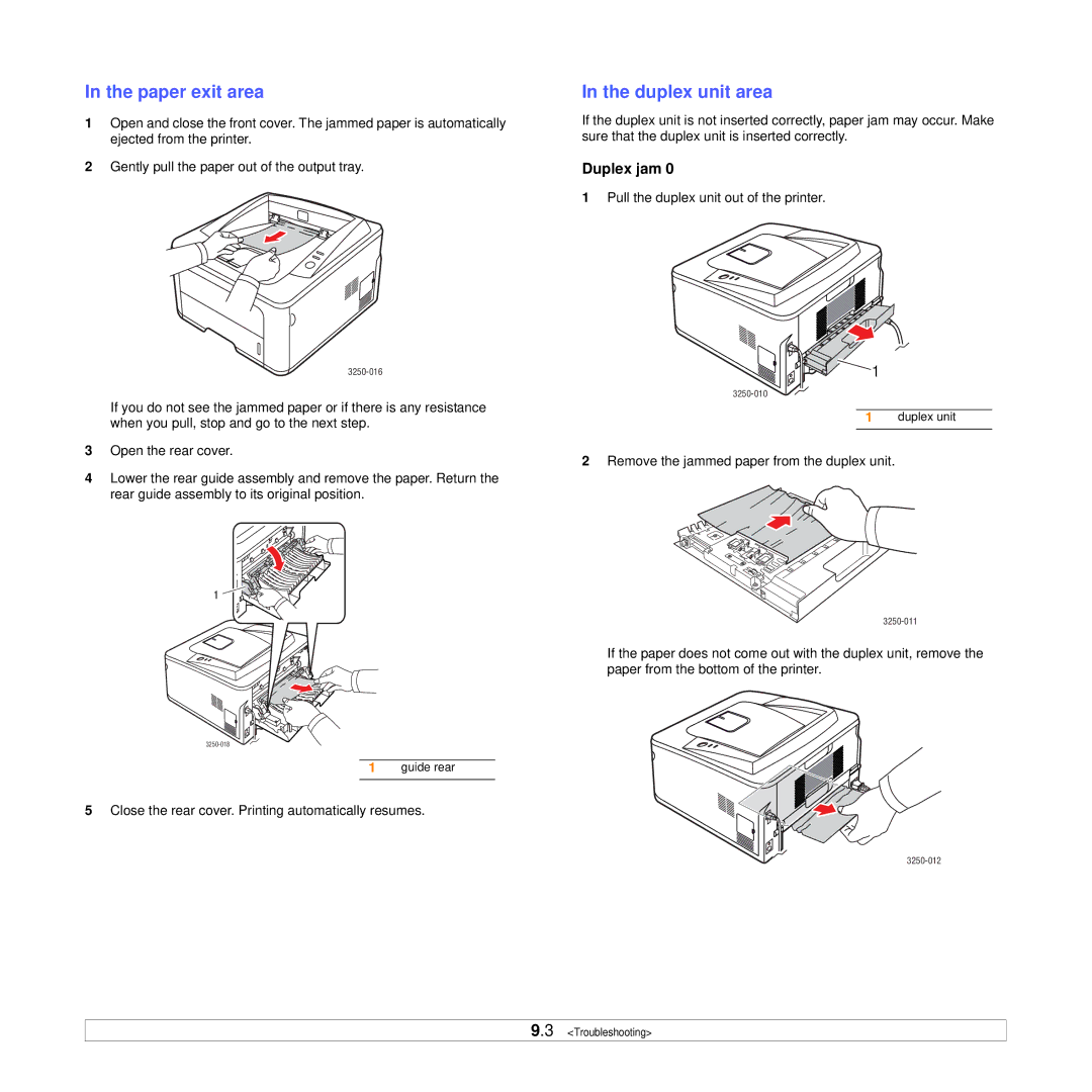 Xerox 3250 manual Paper exit area, Duplex unit area, Duplex jam 