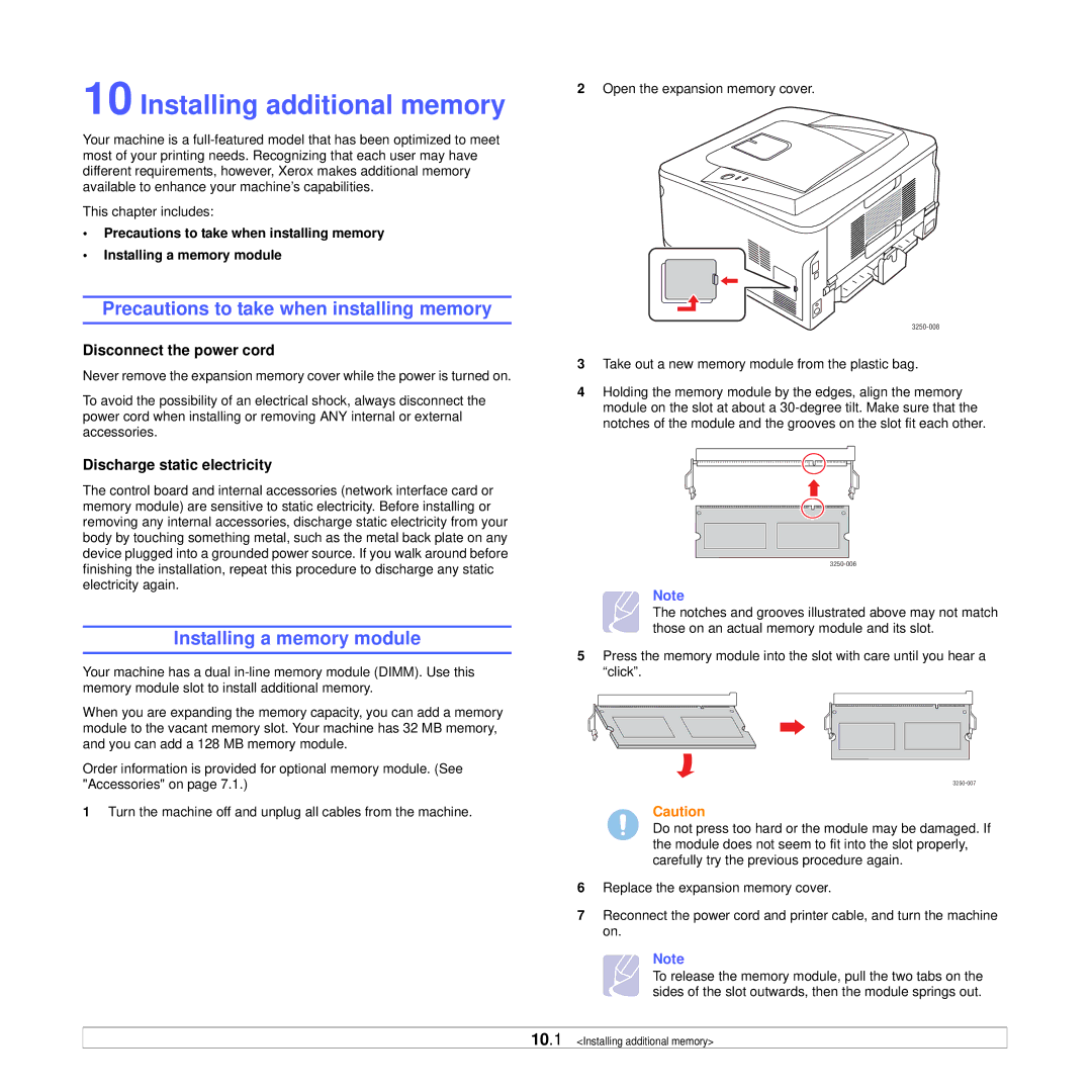 Xerox 3250 manual Installing additional memory, Precautions to take when installing memory, Installing a memory module 