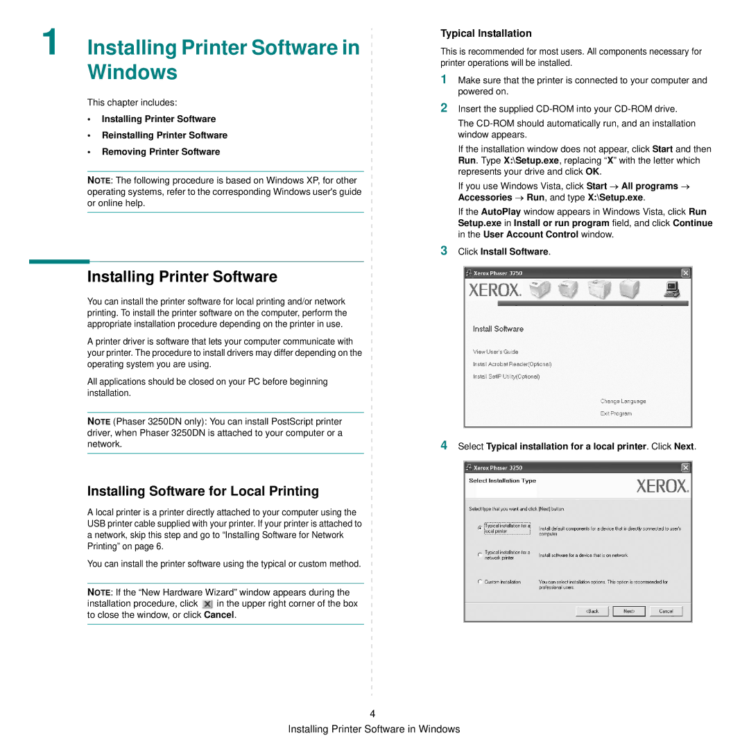 Xerox 3250 manual Installing Printer Software in Windows, Installing Software for Local Printing 