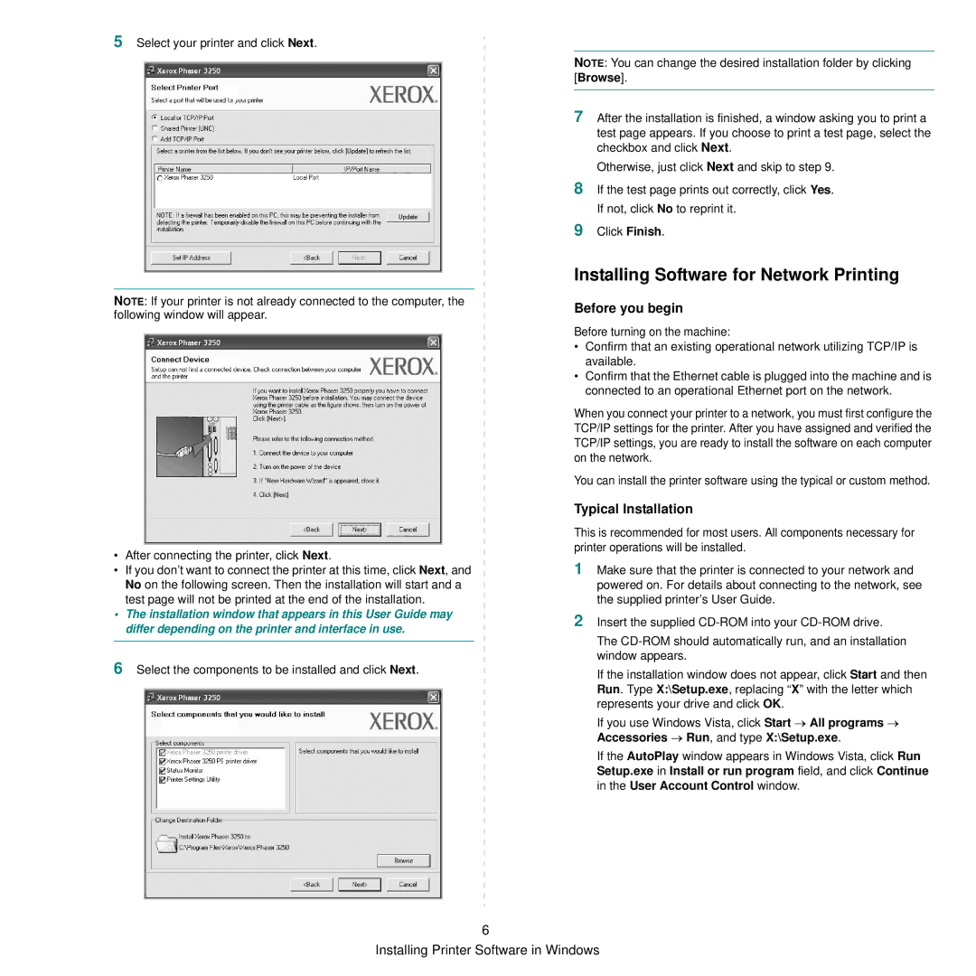 Xerox 3250 manual Installing Software for Network Printing, Before you begin, Typical Installation 