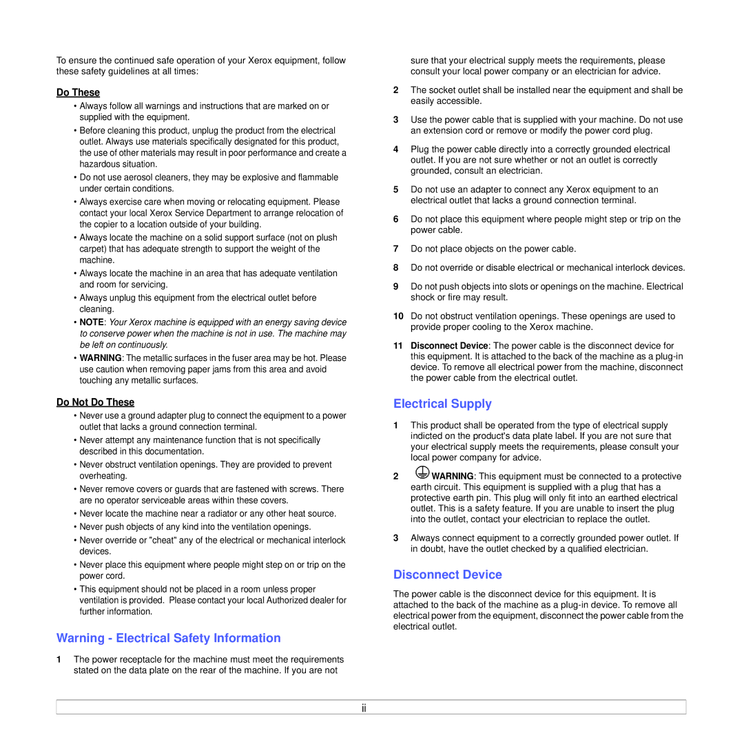 Xerox 3250 manual Electrical Supply, Disconnect Device, Do Not Do These 