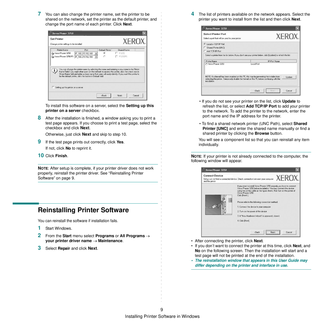 Xerox 3250 manual Reinstalling Printer Software 