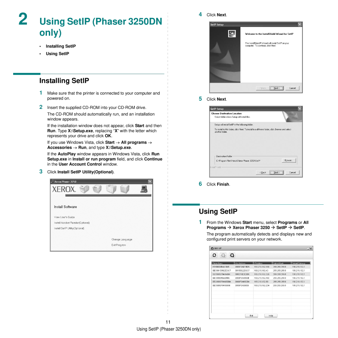 Xerox manual Using SetIP Phaser 3250DN only, Installing SetIP Using SetIP, Click Install SetIP UtilityOptional 