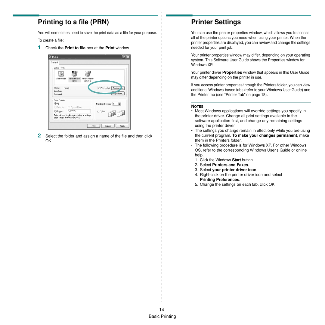 Xerox 3250 manual Printing to a file PRN, Printer Settings, Select Printers and Faxes Select your printer driver icon 