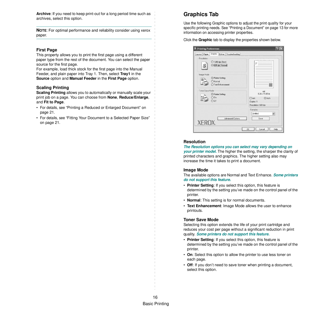 Xerox 3250 manual Graphics Tab 