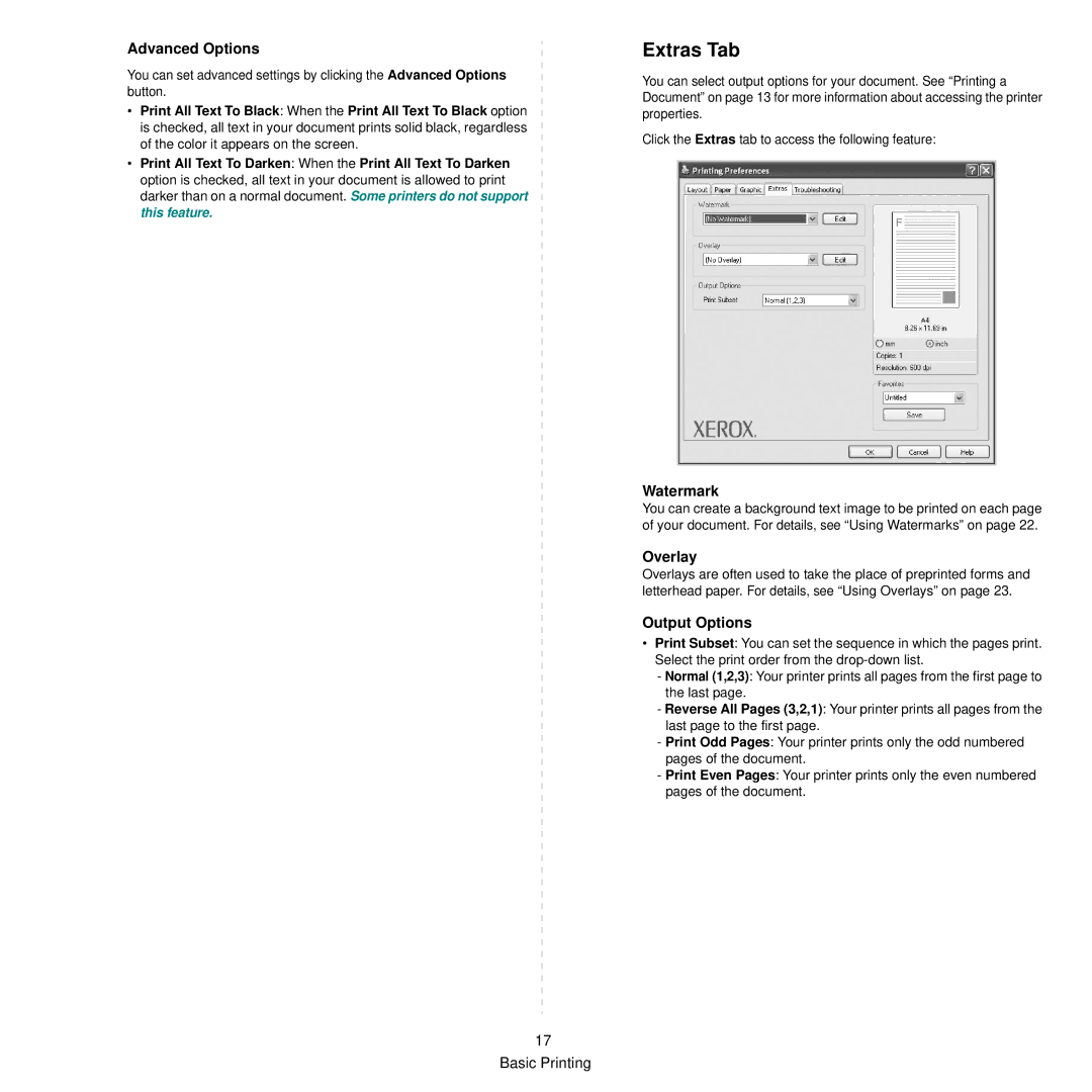 Xerox 3250 manual Extras Tab, Advanced Options, Watermark, Overlay, Output Options 