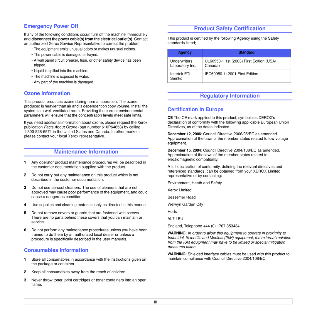 Xerox 3250 manual Maintenance Information, Product Safety Certification, Regulatory Information 