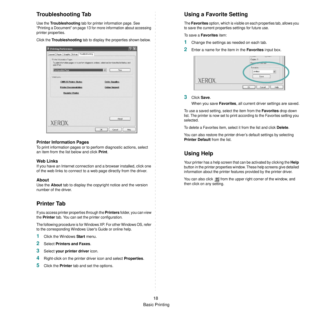 Xerox 3250 manual Troubleshooting Tab, Printer Tab, Using a Favorite Setting, Using Help 