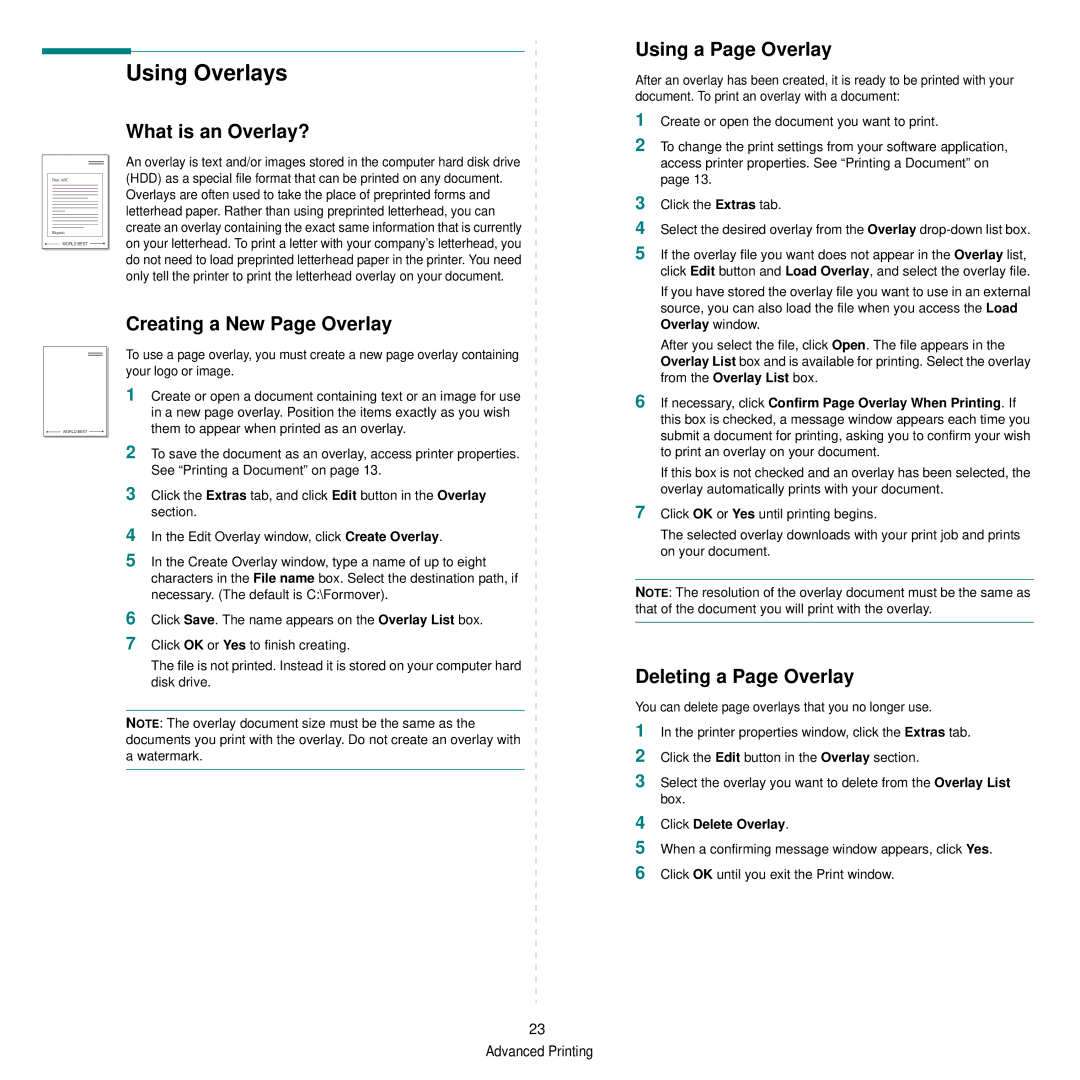 Xerox 3250 Using Overlays, What is an Overlay?, Using a Page Overlay, Creating a New Page Overlay, Deleting a Page Overlay 