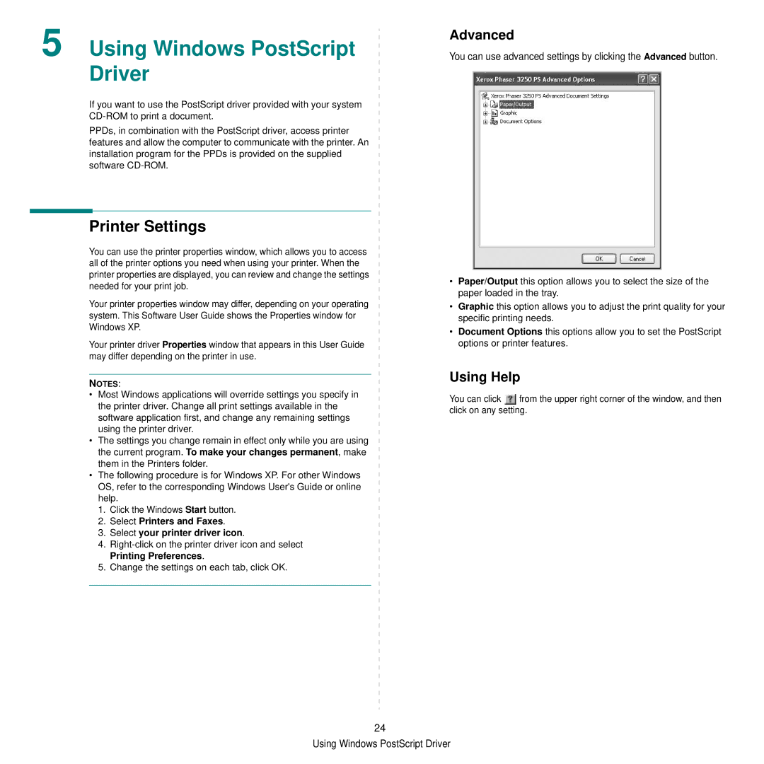 Xerox 3250 manual Using Windows PostScript Driver, Advanced 