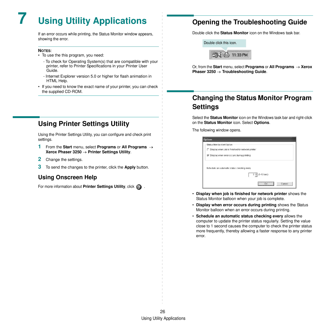 Xerox 3250 manual Using Utility Applications, Using Printer Settings Utility, Opening the Troubleshooting Guide 