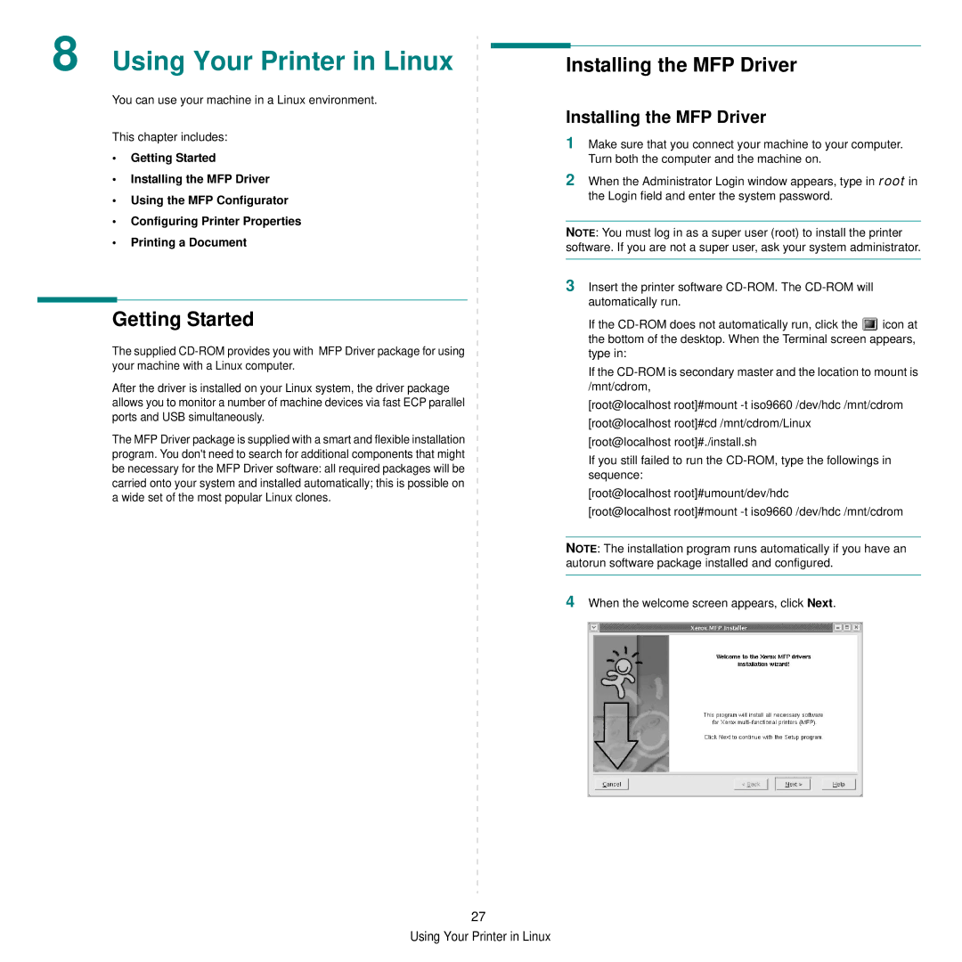 Xerox 3250 manual Using Your Printer in Linux, Getting Started, Installing the MFP Driver 