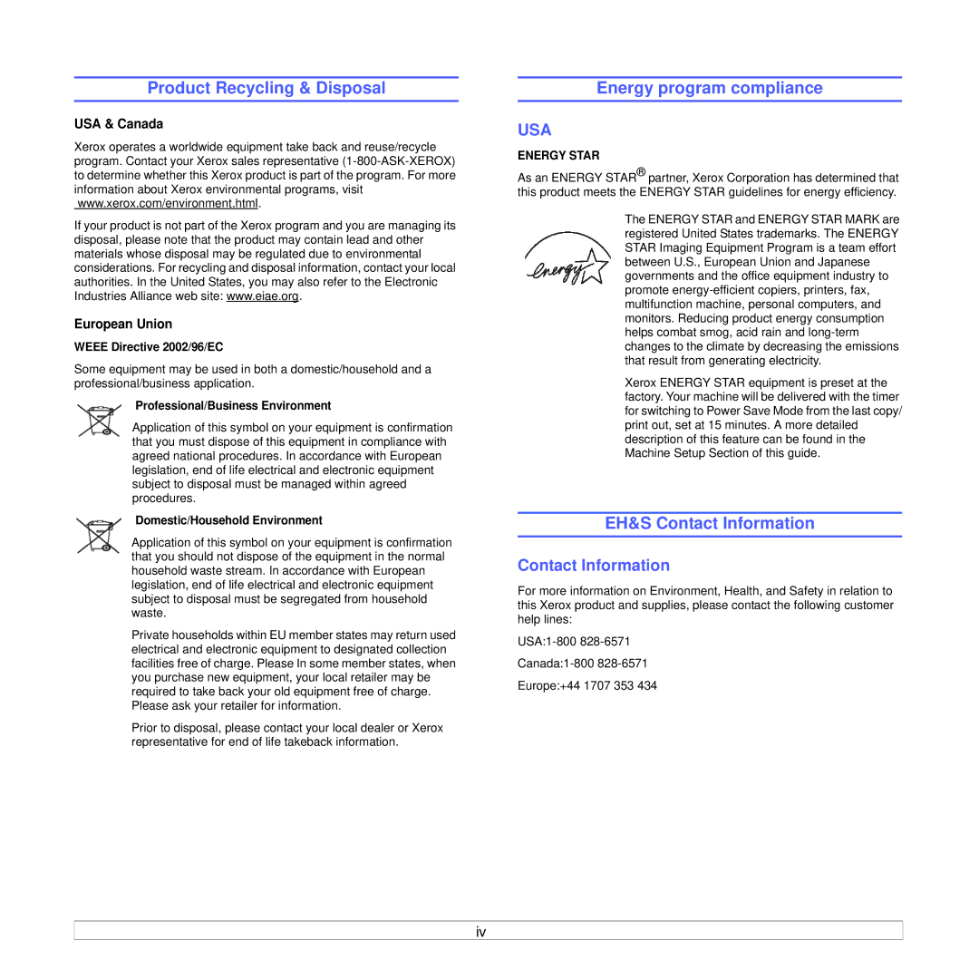 Xerox 3250 Product Recycling & Disposal, Energy program compliance, EH&S Contact Information, USA & Canada European Union 