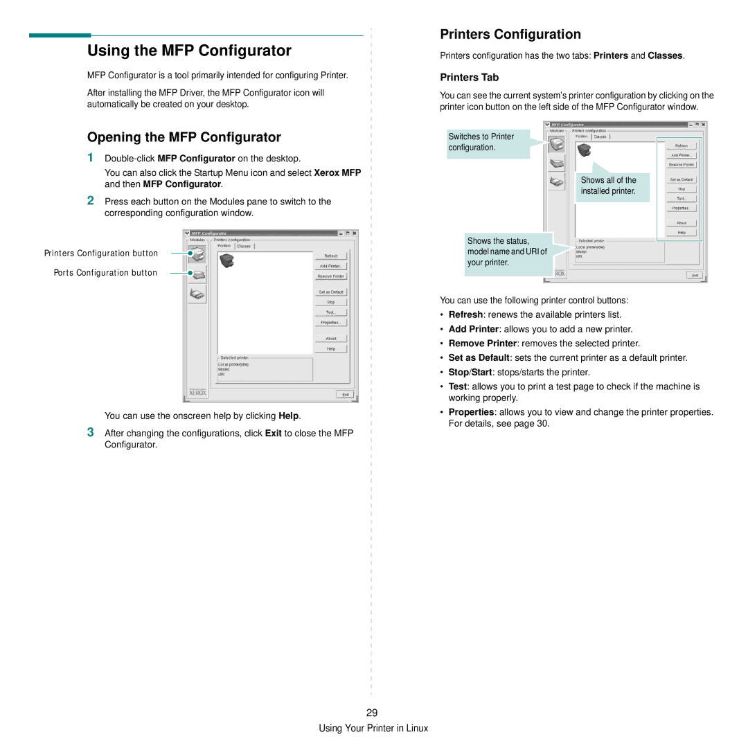 Xerox 3250 manual Using the MFP Configurator, Opening the MFP Configurator, Printers Configuration, Printers Tab 