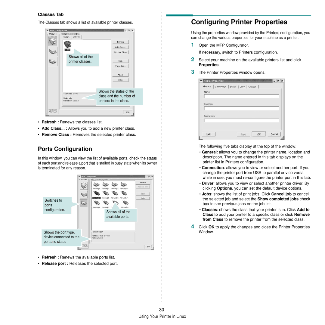 Xerox 3250 manual Ports Configuration, Classes Tab 