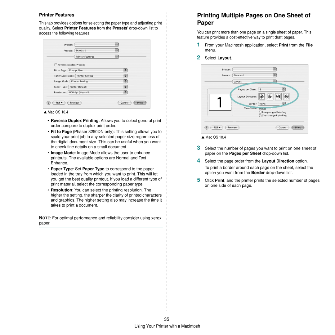 Xerox 3250 manual Printing Multiple Pages on One Sheet of Paper, Printer Features 