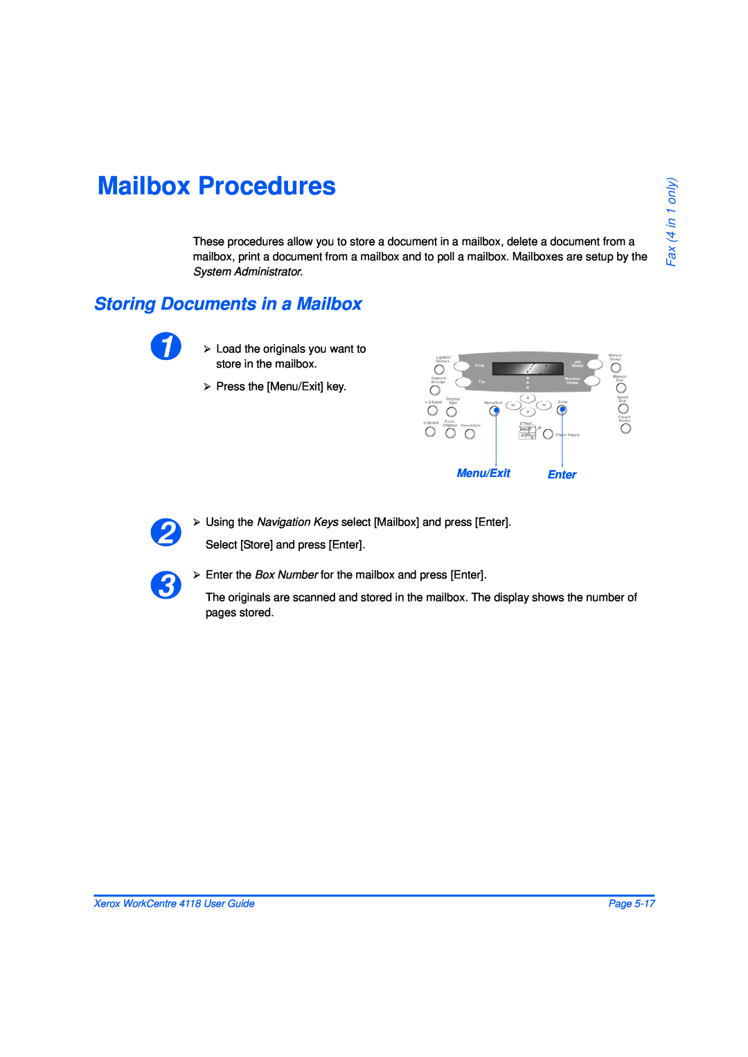 Xerox 32N00467 manual Mailbox Procedures, Storing Documents in a Mailbox, Fax 4 in 1 only 