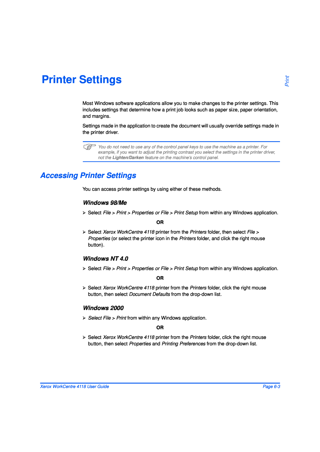 Xerox 32N00467 manual Accessing Printer Settings, Windows 98/Me, Windows NT 