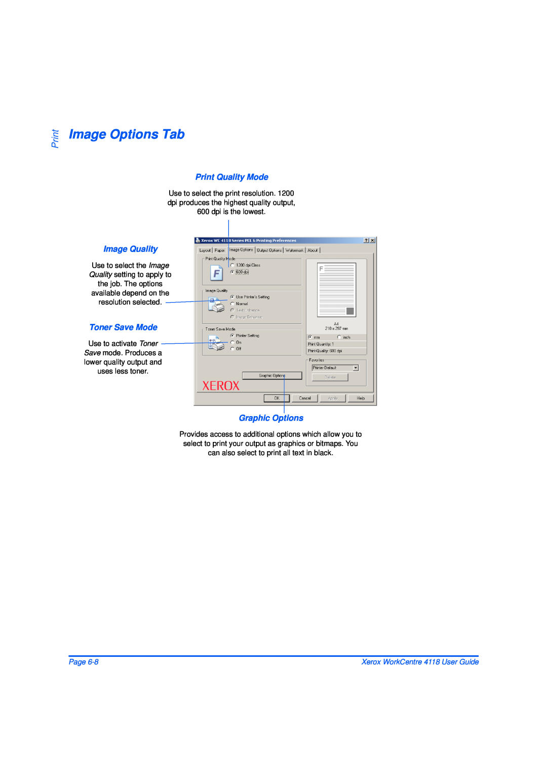Xerox 32N00467 manual Image Options Tab, Print Quality Mode, Image Quality, Toner Save Mode, Graphic Options, Page 