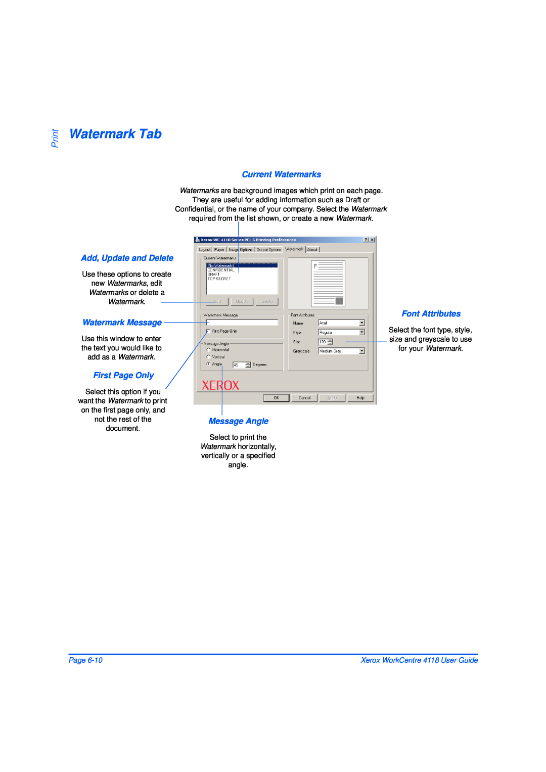 Xerox 32N00467 manual Watermark Tab, Print, Watermark Message, Message Angle, Page 