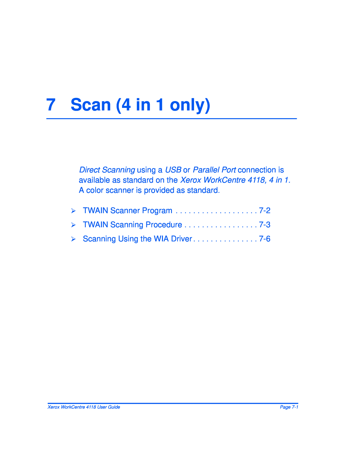Xerox 32N00467 Scan 4 in 1 only, ¾ TWAIN Scanner Program ¾ TWAIN Scanning Procedure, ¾ Scanning Using the WIA Driver, Page 
