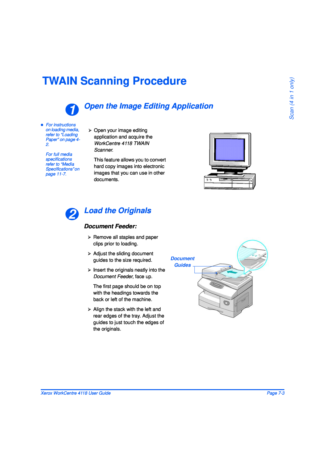 Xerox 32N00467 manual TWAIN Scanning Procedure, Open the Image Editing Application, Load the Originals, Document Feeder 