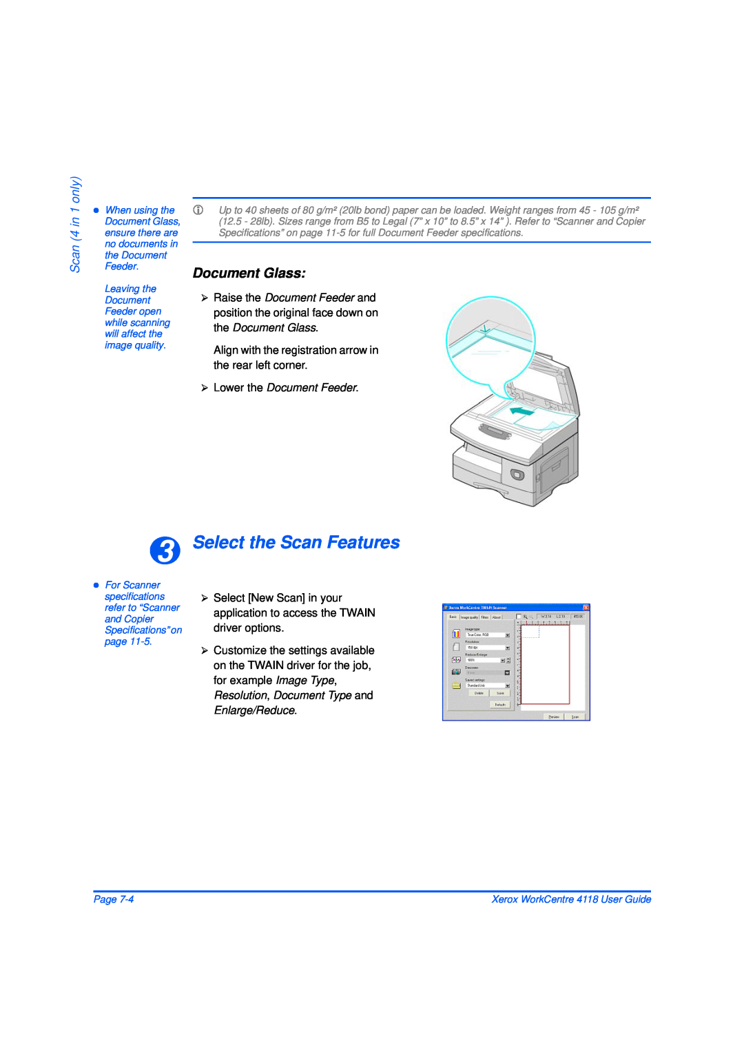 Xerox 32N00467 manual Select the Scan Features, Document Glass, Scan 4 in 1 only, ¾ Lower the Document Feeder 