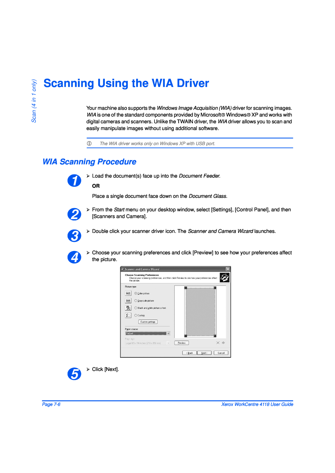 Xerox 32N00467 manual Scanning Using the WIA Driver, WIA Scanning Procedure, Scan 4 in 1 only 