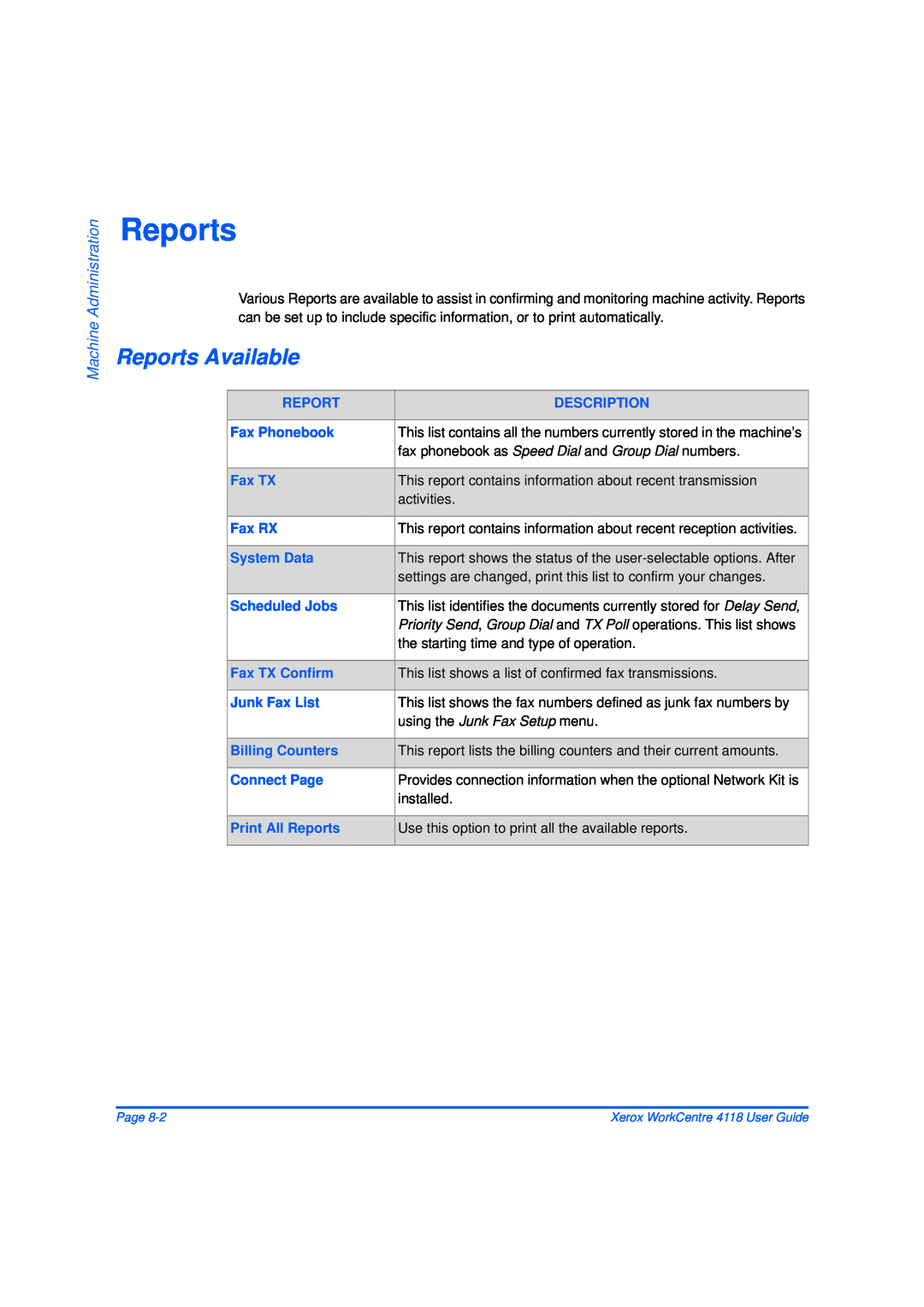 Xerox 32N00467 manual Reports Available, Machine Administration 