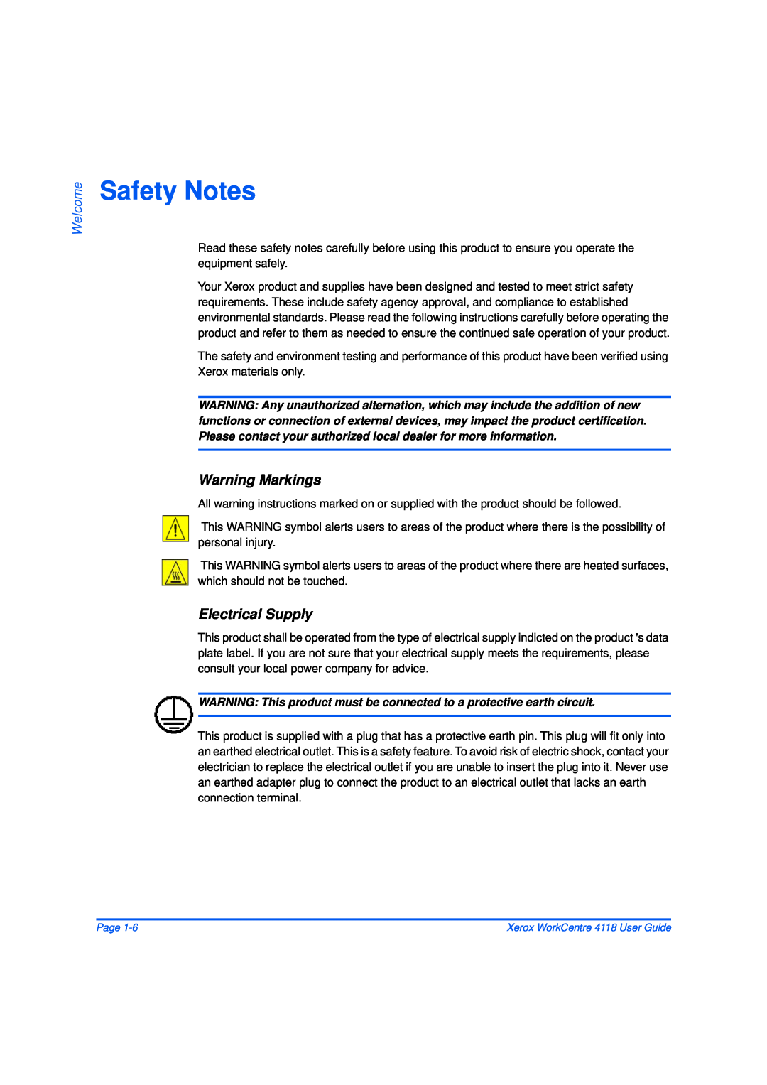 Xerox 32N00467 manual Safety Notes, Warning Markings, Electrical Supply, Welcome 