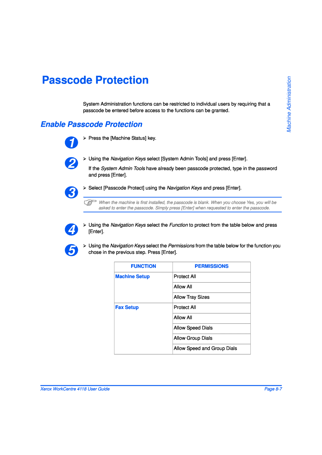 Xerox 32N00467 manual Enable Passcode Protection, Machine Administration 