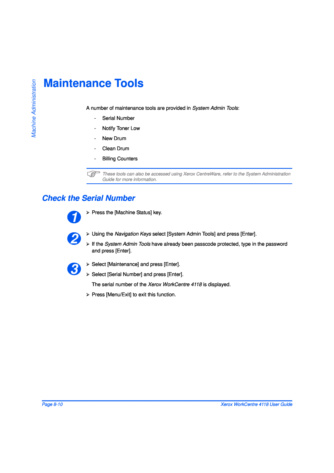 Xerox 32N00467 manual Maintenance Tools, Check the Serial Number, Machine Administration 