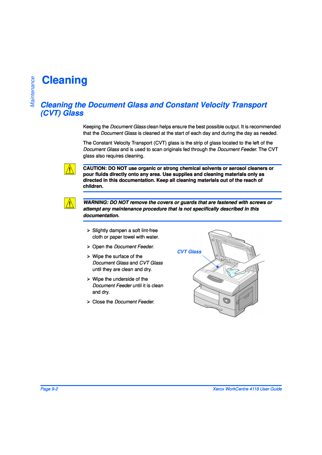 Xerox 32N00467 manual Cleaning the Document Glass and Constant Velocity Transport CVT Glass, Maintenance 