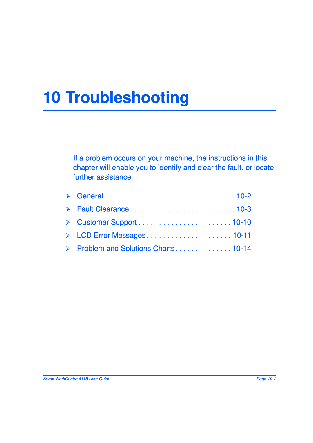 Xerox 32N00467 manual Troubleshooting, ¾ General ¾ Fault Clearance ¾ Customer Support ¾ LCD Error Messages, Page 