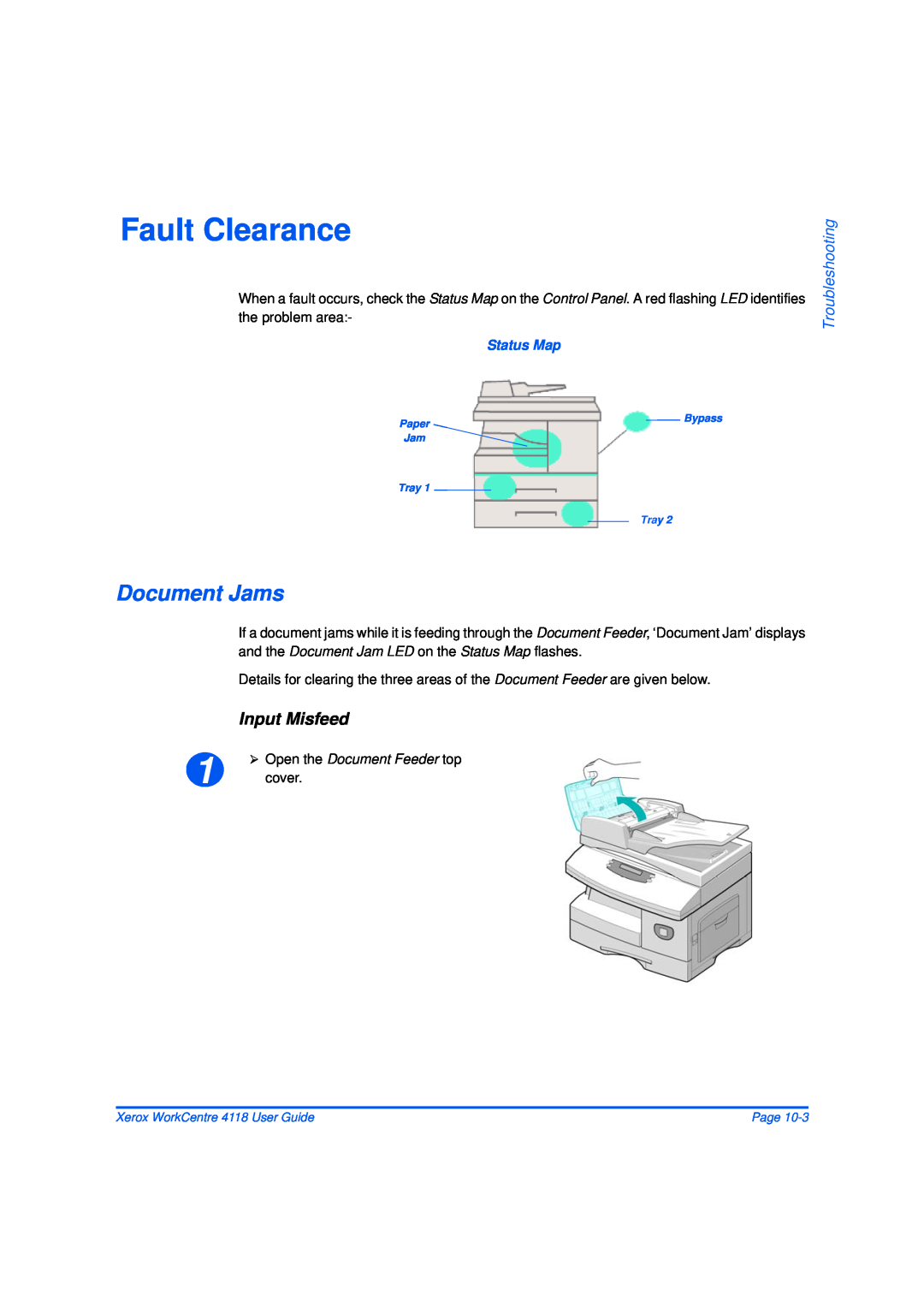 Xerox 32N00467 manual Fault Clearance, Document Jams, Input Misfeed, Troubleshooting 