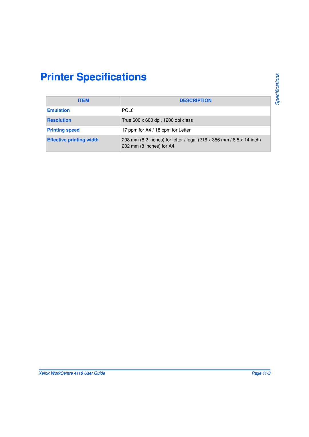 Xerox 32N00467 manual Printer Specifications 