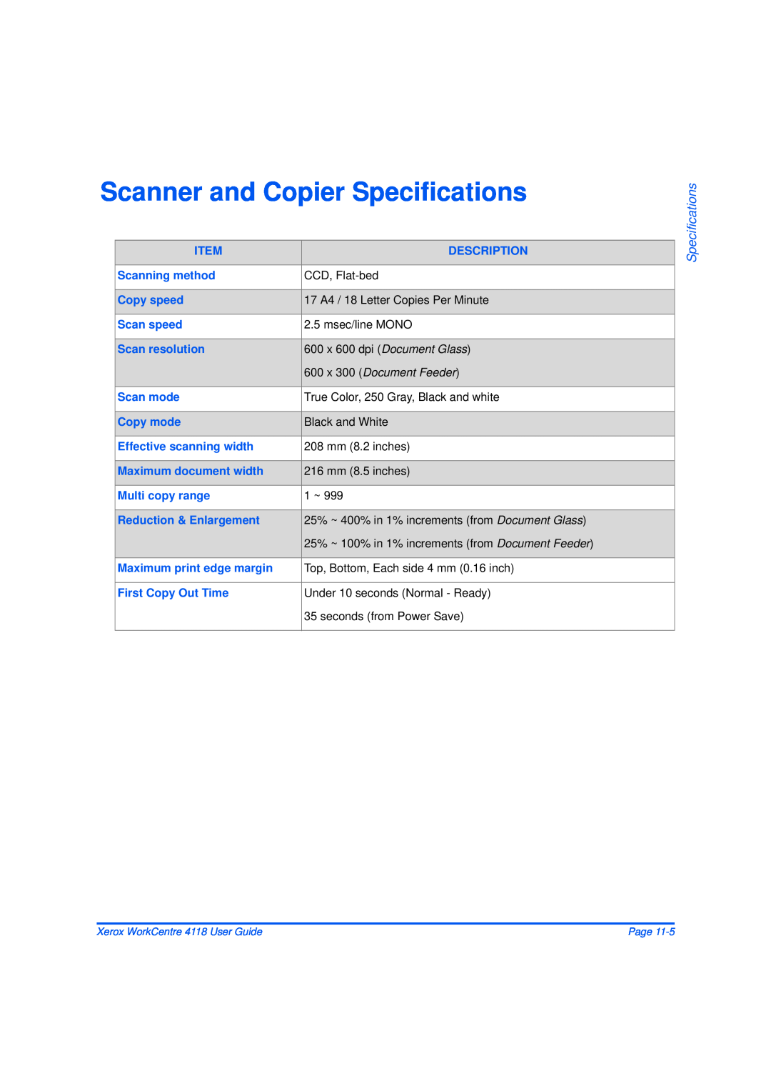 Xerox 32N00467 manual Scanner and Copier Specifications, 600 x 300 Document Feeder 